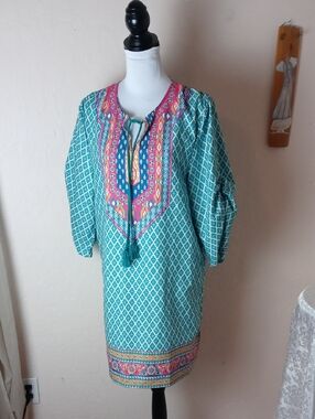Urban Coco Turquoise Patterned Boho Tunic Dress with Pink Accent